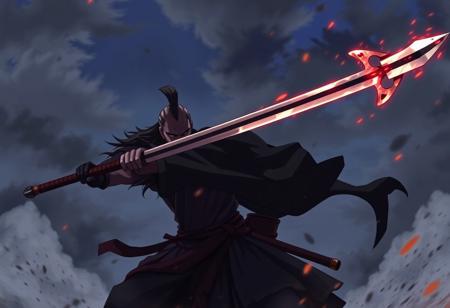 anime, fight, death with his scyte vs samurai in black garment with a huge sable spade