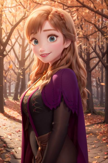 (masterpiece:1.4), (best qualit:1.4), (high resolution:1.4), anna of arendelle, long hair, smile, purple cloak, outdoors, forest, autumn leaves,  <lora:anna_of_arendelle_v2:1> looking at viewer,