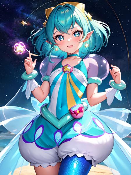 cure milky symbol shaped pupils, see-through short sleeves, hair ornament, single leg pantyhose, star, pointy ears, earrings, wrist cuffs, porch