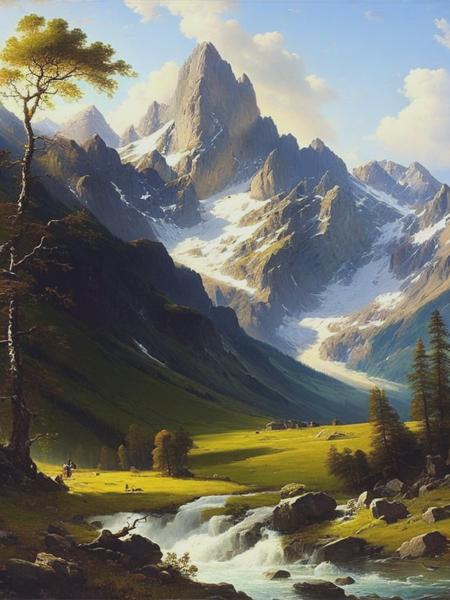 <lyco:ThomasMoran:1.0> Alexandre Calame, alpine mountain valley,