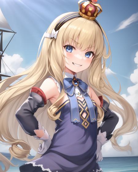 eqlc, 1girl, long hair, solo, strapless dress, blonde hair, crown, blue eyes, hairband, looking at viewer, white gloves, small breasts, flat chest, bow, black hairband, detached sleeves, bangs, mini crown, detached collar, evil smile, hands on hips, ocean, ship