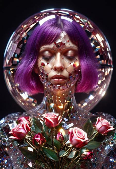 Ultra-realistic, 8K, enchanted glass terrarium containing:
beautiful woman, frowning, purple hair, short hair, green eyes, she holds a bouquet of dead roses, roses with translucent ruby gemstone petals (vitreous refraction), metallic obsidian stems (bioluminescent vascular system),  subsurface scattering in petal nanostructures, temporal anomaly causing timeline overlaps, hyperdetailed microbiology under gemstone epidermis, gothic biodigitalpunk style blending Zdzisław Beksinski and Ernst Haeckel, photorealistic macro photography meets celestial cartography
easynegative, cs-cr1stal-v2