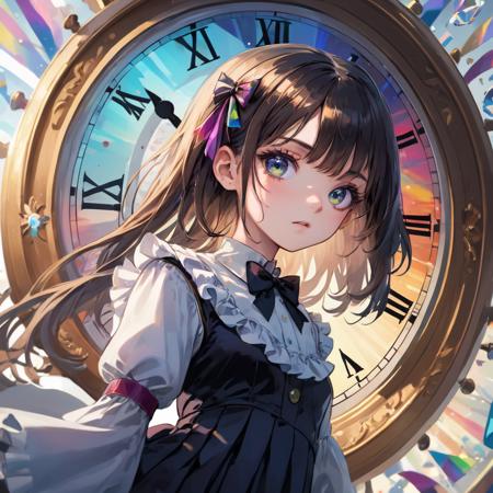 ((illustration)), ((floating hair)), ((chromatic aberration)), ((caustic)), lens flare, dynamic angle,  ((portrait)),  (1 girl), ((solo)), cute face, ((hidden hands)), asymmetrical bangs, (beautiful detailed eyes), eye shadow, ((huge clocks)),  ((glass strips)), (floating glass fragments), ((colorful refraction)), (beautiful detailed sky), ((dark intense shadows)), ((cinematic lighting)), ((overexposure)), (expressionless),  blank stare, big top sleeves, ((frills)), hair_ornament, ribbons, bowties, buttons, (((small breast))), pleated skirt, ((sharp focus)), ((masterpiece)), (((best quality))), ((extremely detailed)), colorful, hdr