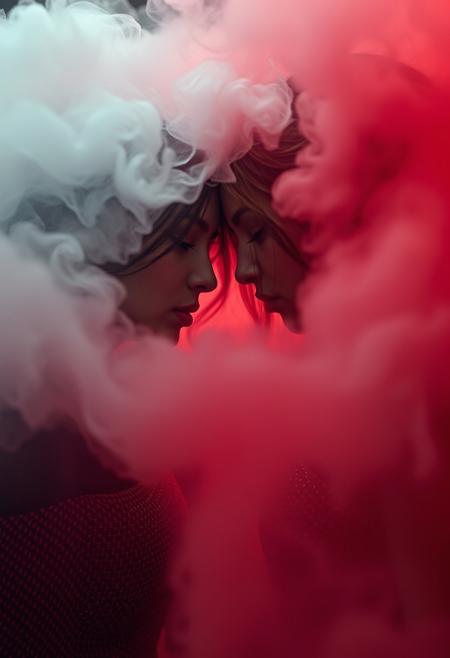 best quality, detailed realistic photo, realistic, hyperrealistic, 
2 women exude their hatred and loathing for each other in a visible fog forming vivid phantasms