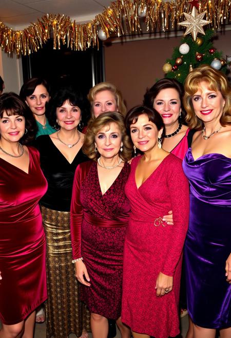 A realistic 1990s-era photograph of a group of middle-aged women at a work Christmas party. The women are dressed in glamorous festive attire typical of the time, including bold colors, velvet dresses, metallic fabrics, sequins, and shoulder pads. Their hairstyles feature iconic 1990s styles, such as voluminous curls, perms, and teased bangs. Makeup includes vibrant lipstick shades, frosted eyeshadow, and defined eyeliner. Each woman looks distinct, showcasing a mix of body types, facial features, and ethnicities. The background is decorated with holiday-themed items like tinsel, fairy lights, and a Christmas tree, suggesting a cheerful, retro office party ambiance. The photo has a slightly aged, grainy quality to emulate being developed in the '90s and preserved over time.