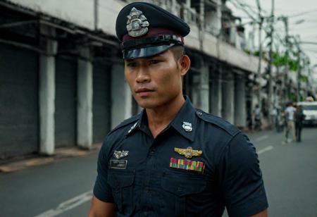 upper body, cinematic still of 30 year old handsome muscular Thai man in police uniform and hat, standing in Bangkok streets, highly detailed, intricate details, shallow field of depth, cinematic lighting