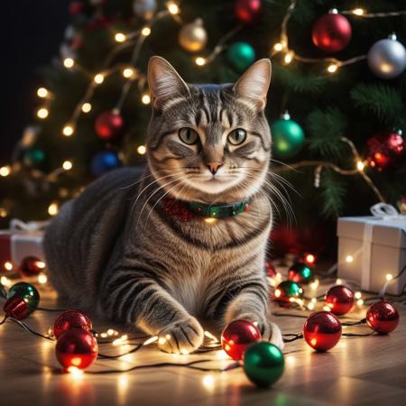 photography very realist cat playing with lots of Christmas lights and Christmas balls around him, Christmas decor background