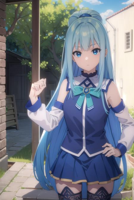 konosubaaqua, <lora:konosuba aqua movie-lora-nochekaiser:1>, 
aqua, long hair, blue eyes, hair ornament, very long hair, blue hair, hair rings, single hair ring, hair bobbles,
BREAK skirt, shirt, thighhighs, bare shoulders, detached sleeves, white thighhighs, blue skirt, blue shirt, green bow,
BREAK outdoor, forest, nature, trees, village, sky, sun, clouds,
BREAK looking at viewer, (cowboy shot:1.5),
BREAK <lyco:GoodHands-beta2:1>, (masterpiece:1.2), best quality, high resolution, unity 8k wallpaper, (illustration:0.8), (beautiful detailed eyes:1.6), extremely detailed face, perfect lighting, extremely detailed CG, (perfect hands, perfect anatomy),