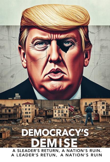 a movie poster for the movie Titled: "Democracy's Demise"
A giant mural of Trump’s face cracked and fading on a wall, with a barren, war-torn city in the foreground. The tagline: "A leader's return, a nation’s ruin."