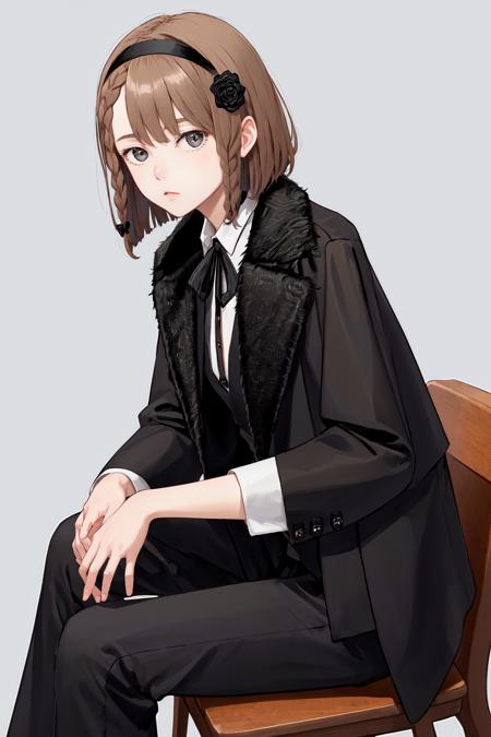 masterpiece, best quality, highres, 1girl short hair hairband hair flower braid, black jacket black fur trim black coat suit long sleeves shirt collared shirt neck ribbon black pants suit <lora:oscar:1> sitting, from side, looking at viewer