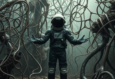 A lone astronaut stands amidst a chaotic fusion of organic and mechanical elements, enveloped in a dense web of twisted metallic and skeletal structures. The scene captures a surreal blend of sci-fi and dystopian aesthetics, reminiscent of impressionist styles with an emphasis on raw textures and dramatic contrasts. The color palette leans heavily on shades of gray and muted earth tones, interspersed with hints of glimmering silver and deep shadows, creating a haunting, otherworldly atmosphere. The astronaut, clad in a sleek, dark suit with visible intricate details, extends their arms towards the menacing tangle of wires and bones that dominate the background, hinting at a complex relationship between man and machine. The composition evokes a sense of isolation and intrigue, inviting viewers to ponder the narrative behind this eerie, mechanized environment.