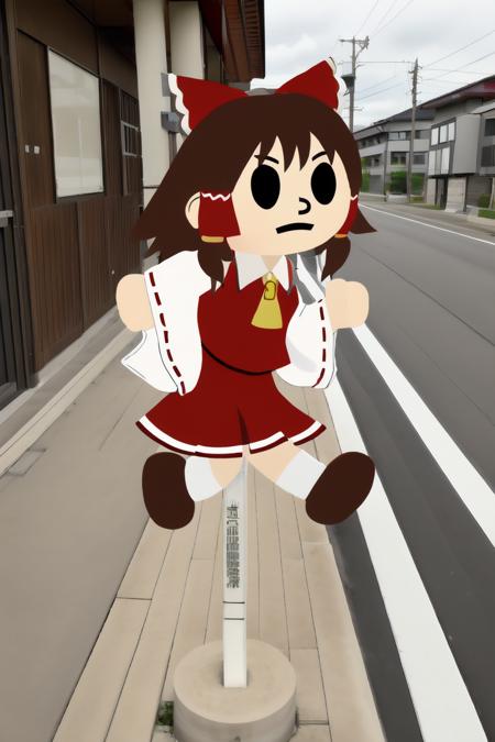 <lora:please_do_not_run_over:0.7>, 1boy, 1girl, :q, bench, building, car, fine art parody, flat color, full body, grass, hallway, house, lamppost, looking at viewer, open mouth, outdoors, parody, power lines, real world location, road, running, short hair, sidewalk, sign, signature, sitting, solo, standing, tree, walking, window, bangs, (hakurei reimu:1.4)