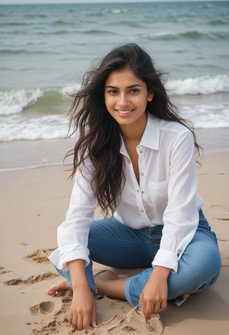 Beautiful Indian girl in a buttoned shirt with jeans with subtle smile sits causally on a sandy beach, with waves crashing her leg,  ocean waves crashing against each other, creating white sea foam .Her long hair is windswept.  Tilak on head, eyes with kazal
