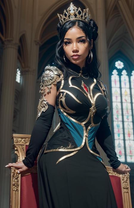 jhene1, 1girl, tattoo, ornate armor,  black metal chestplate, queen sitting on throne, queen armor, half updo, breasplate, medieval armor, fatasy armor, heart emblem, armored dress, epic throne, black hair, tan, beautiful portrait, hyper realistic, raw image, 8k, uhd, best quality, award winning photo, rtx on, unreal engine 5, mosaic glass, stained-glass window in background, indoors, epic castle, fantasy