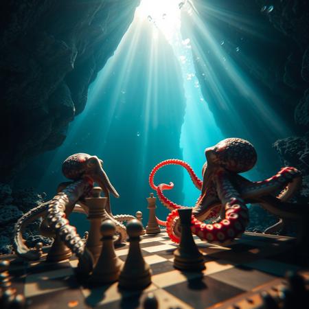 a very detailed close picture of a n octopus playng chess with another octopus underwater near an intricate rock formation, sunlight pasing throw water, chess pieces on the  chess table