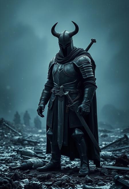 mighty knight in black heavy full armor, horned helmet hiding his face, black cape, broadsword on back, facing camera, standing menacingly, empty hands, standing in a snowstorm, on a rocky battlefield with scattered broken gear and dead bodies, dark vibe, depressing, scary, epic, dark background, dawn, cloudy, foggy, dark sky, nobody alive, dark smoke, snowstorm, ash