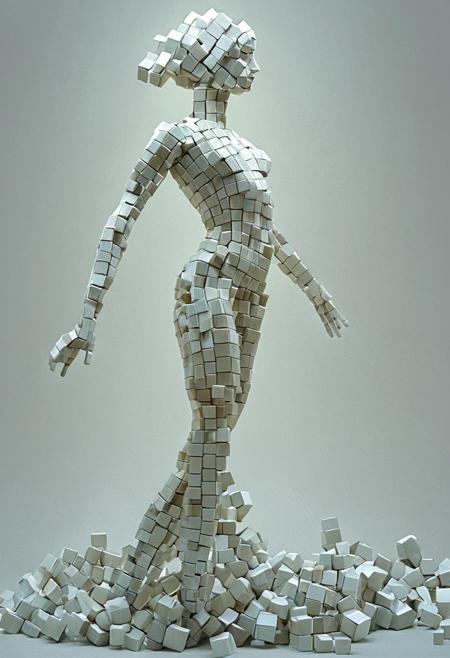 artcbd, Create an image of female figure composed entirely of cubes in various sizes. The figure should appear as if constructed from these geometric shapes, with distinct cubes forming the head, torso, arms, and legs. The cubes vary in size to represent different body parts proportionately, creating a visually interesting and abstract representation of a human body. The composition should be clear, with a focus on how the blocks assemble to mimic human anatomy. The background should be neutral to emphasize the figure