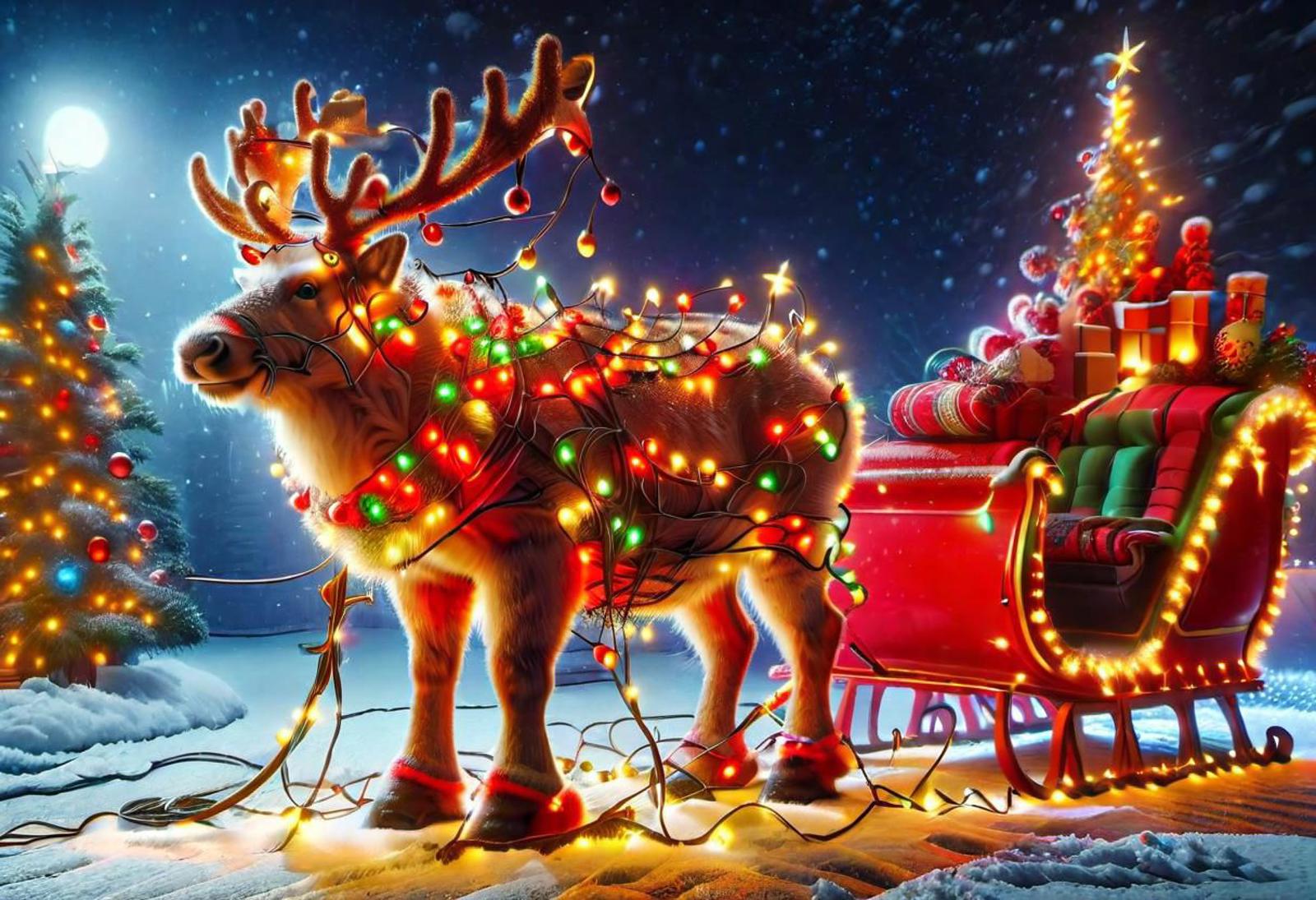 Illustration of a reindeer wearing Christmas lights and standing in the snow.