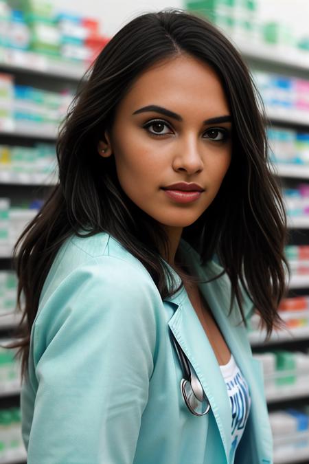 a professional photograph of beautiful (C4ryn41:1.1) woman,as a pharmacist,wearing a (seafoam lab coat over her dress:1.2),(holding a large medicine bottle:1.3),standing in a pharmacy,with stocked shelves with medicine and drugs and supplies,a pharmacist's job involves handling prescriptions,distributing medication to customers,long hair,jewelry,lipstick,makeup and eyeshadow,magazine photoshoot,modelshoot style,sharp focus,detailed eyes,depth of field,(highly detailed),(HDR),(8k wallpaper),colorful,vivid color,intricately detailed,high contrast,highres,absurdres,hyper realistic,8K UHD DSLR,Fujifilm XT3,taken with (Canon EOS 1Ds camera),extremely intricate,dramatic,(looking at viewer),4k textures,elegant,(cinematic look),hyperdetailed,PA7_Portrait-MCU,<lora:C4ryn41_06B-000002:0.9>,