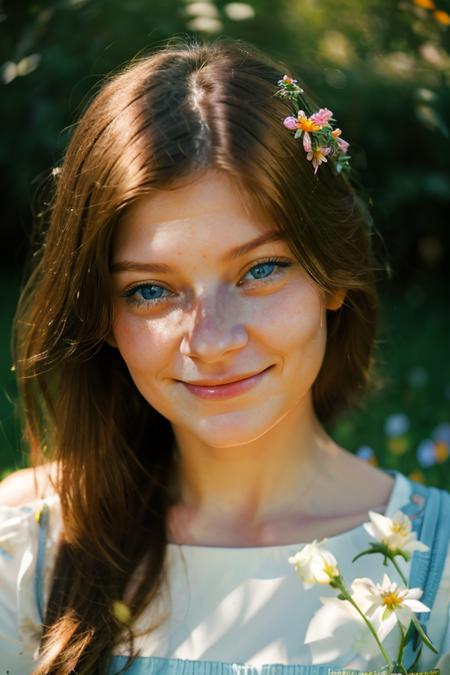 portrait , wo_angb01 with a slight smile on her face, (blue eyes:0.8), delicate facial features, field of flowers background, natural lighting, Nikon D750, 32k, Megapixel, HDR, Leica 50mm lens, Kodak Portra 800 film, <lora:woAngelinaB01:0.9>