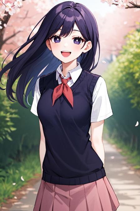 masterpiece, best quality, highres, 1girl, solo, long hair, purple hair, bangs, black eyes, bright pupils, white pupils, white skin, school uniform, red neckerchief, white shirt, sweater vest, black sweater, short sleeves, pleated skirt, pink skirt, <lora:mari_(omori)_v1:0.7>, smile, open mouth, leaning forward, arms behind back, standing, cowboy shot, outdoors, cherry blossoms,