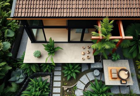 A modern Wabi Sabi + Tropical garden house, seen from a high-angle bird’s eye view, embraces serenity and natural beauty. The exterior features a harmonious blend of austere black and deep brown, grounding the house within its lush green surroundings. The minimalist dark walls evoke the Wabi Sabi philosophy of subtle elegance and natural imperfection.
Warm wood accents line the beams and window frames, adding texture and warmth. Large, dark-framed glass sliding doors connect the indoors to the outdoors, leading to a spacious veranda wrapped in natural beige and muted stone. This veranda extends seamlessly into a tropical garden, where vibrant greenery contrasts with the minimalist structure.
Textured grey stone pathways wind through the garden, lined with clusters of dark green ferns and palms, complementing the structure’s simplicity. The roof, covered in deep brown tiles, aligns with the house’s organic materials.
On the veranda, muted earth-toned ceramics and decor pieces subtly enhance the Wabi Sabi aesthetic. A bamboo furniture set sits on a large open balcony shaded by a pergola, while a hammock between two trees invites relaxation. The raw materials, unrefined textures, and tropical plants create a peaceful atmosphere where nature and architecture flow together effortlessly.
(Ultra-realistic, 32k, Masterpiece, High Quality, Detailed Realistic Background, Official Art, Realistic Lighting, filmfotos, film grain, reversal film photography)