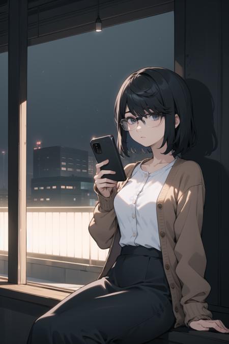 <lora:shirosaki-000034:1> shirosakisaori, glasses, cardigan, black skirt, long skirt,
1girl, gloom \(expression\), shaded face, looking at phone, sitting, park, night