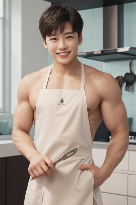 1boy, Short Spiky Hair, smile, teeth, watch, 
<lora:mbj:0.7:FACE>
(nude kitchen apron:1.2)
Muscular Frame,
looking at the viewer,
fish, steak,