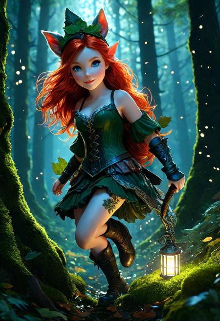 Ultra detailed digital art masterpiece Forest Gnome girl dressed in a green moss and brown leaves rescues the Squirrels, running down the mysterious night of the dark forest, dark fantasy. perfect lighting, elegant, unreal engine 5 nanite quality, mixed with dark elements, dark environment, very dark night, clean dark velour witch clothing, dark washed out eyeliner, no make up, natural face, realistic blue eyes, ultra detailed atmospheric details, beautiful glowing effects, sparkle effects, realistic body proportions, beautiful face proportions, complex masterpiece, wavy red hair, creative glowing detailed tattoos, complex physics, enhanced colors, complimentary colors, ultra detailed raytracing reflections, Ultra detailed complex background, environment feels alive, direct eye contact, dramatic lighting, wet and sweaty skin, beautiful firm Breasts, Concept art portrait by Greg Rutkowski
