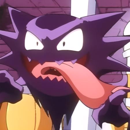 haunter, purple, solo, smile, open mouth, tongue, tongue out, ^_^, black eyes, pokemon (creature), no humans, fangs