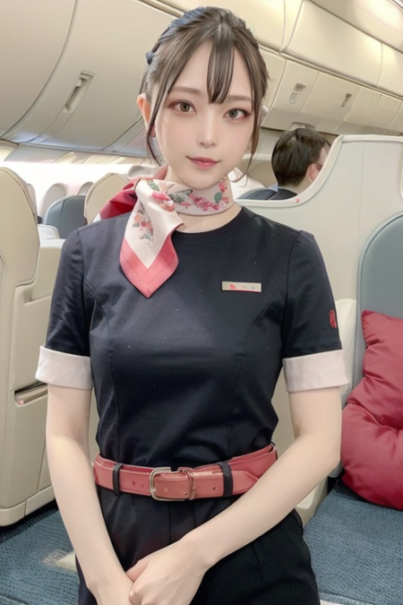 jal uniform,a woman in a uniform and red neck scarf,(RAW photo, best quality), (realistic, photo-realistic:1.4), masterpiece, an extremely delicate and beautiful, extremely detailed, 2k wallpaper, Amazing, finely detail, extremely detailed CG unity 8k wallpaper, ultra-detailed, highres, soft light, beautiful detailed girl, extremely detailed eyes and face, beautiful detailed nose, beautiful detailed eyes,inside an aeroplane interior,perfect anatomy,soft light,slender body,standing