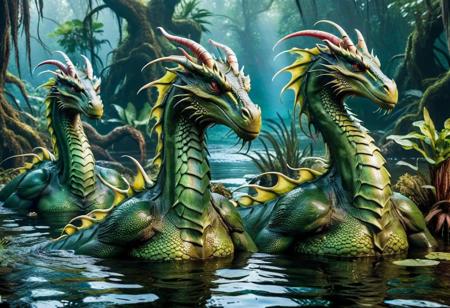 eerie swamp, hydra, three headed dragon, long necks, (one body), wet, half submerged, glistening scales, (absurd res:1.2), (photorealistic:1.2), BREAK, (8k:1.0), (hi res:1.0), (masterpiece:1.0), (best quality:1.0), (realistic:1.2), (ph0t0x2:1.0), (vibrant colors:1.0)