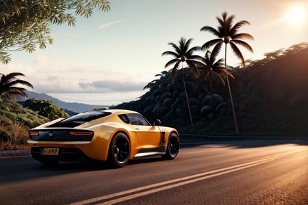 Test Drive Unlimited style, sports car on the road in jungle, Hawaii, (realistic, photo-realistic:1.2), outdoor,  <lora:zeekars:0.65>, sunset, blue sky, clouds, palms, pineapple, flowers, flares, particles <lora:svemacolor_v09:0.65>  shot on Svema_Color, shot on 85mm lens, cinematic still