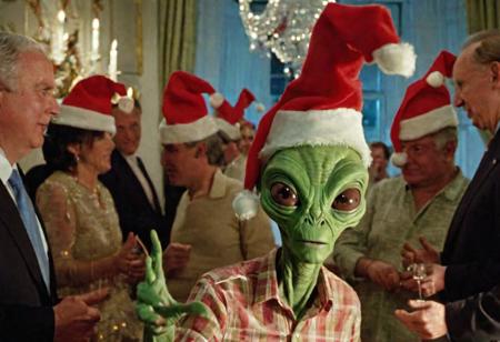 rosewell alien at a party with world leaders, christmas hats, festive, hyperdetailed photography, cinematic lighting