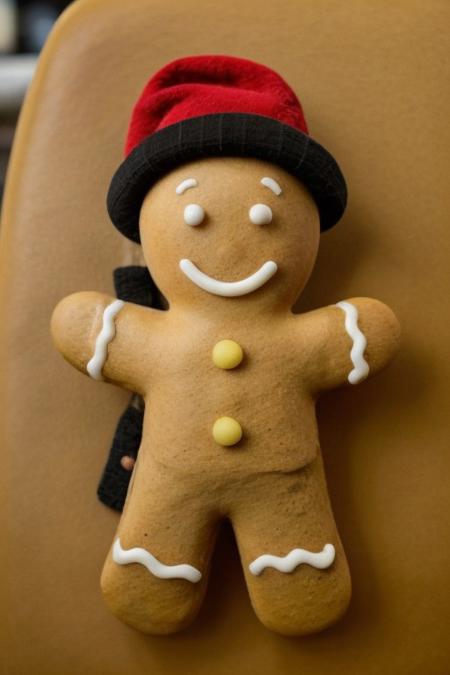 Gingerbread_Man, food, cookie, food focus, no humans, , mustache,wearing a hat,  driving a car