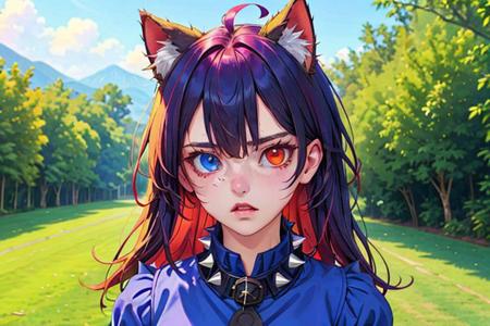 totless,1girl, outfit1, spiked collar , outdoor background, heterochromia, one red eye, blue navy dress with one stripe