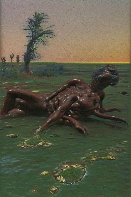 Weirdcore upper body and face of <ffurian> male face on mud on african ground,  (face portrait 1.6) palm trees, 90VHS, (ffurian man with beard 1.1) (y2k aesthetic 0.8), ms paint style <lora:ms-paint-lora:1> (rainy weather 1.2), the matrix movie, <lora:y2kaesthetic:0.7>, half0ster, organic sculptures