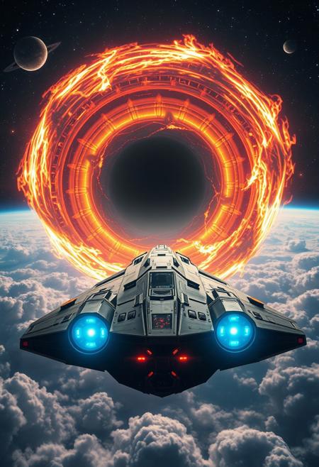 massive starship, glowing black hole, cosmic vortex, blue engine thrusters, interstellar travel, space exploration, futuristic spacecraft, luminous clouds, celestial bodies, dramatic lighting, science fiction, deep space, cosmic wonder, high detail, cinematic style,  themes of humanity and nature, otherworldly, Post-Apocalyptic undertones, ultra-detailed, macro, themes of migration and memory, fantastical creatures, mystical, varnish,Thought-provoking tableau