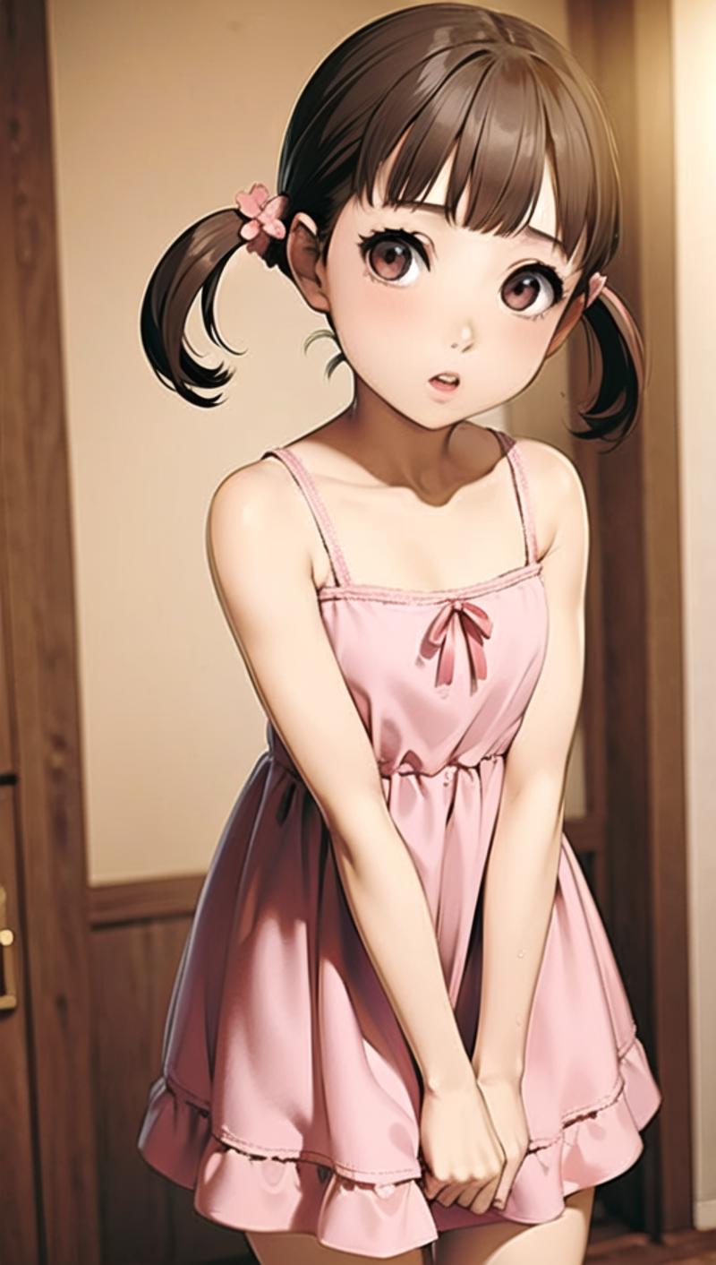 A young girl wearing a pink dress with pink ribbons standing in a room.