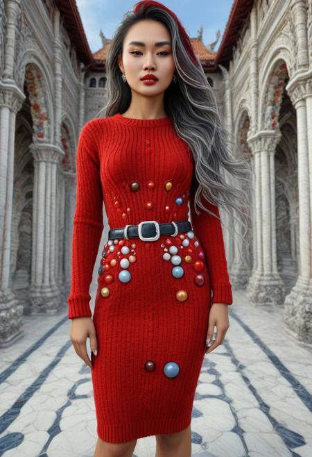 Cambodian woman, asian features, long hair, small waist, She has long voluminous flowing two-tone hair, hair with striking unrealistic beauty. red lips, the skin has tiny imperfections like pores, faint freckles, and slight skin texture variations to add realism. Realistic lip texture with soft lines, slight gloss, and natural color variation. Realistically detailed tear ducts, slightly moist, enhancing the natural appearance of the eyes. Faint, barely visible veins under the eyes, adding depth and authenticity to the skin. Individually rendered eyebrow hairs with natural variation in direction, length, and thickness. Variation in hair strand thickness, with some thinner and finer than others, Gothic castle made of marbles, lively, luminescent, fully dressed, (long red sweaterdress made of marbles:1.8), (white belt), (castle:1.4), (outdoors:2), CZC, FULL BODY, CLOTHED, hands behind the head, her agile pose proves her ability to be athletic, dynamic pose, semi side view.