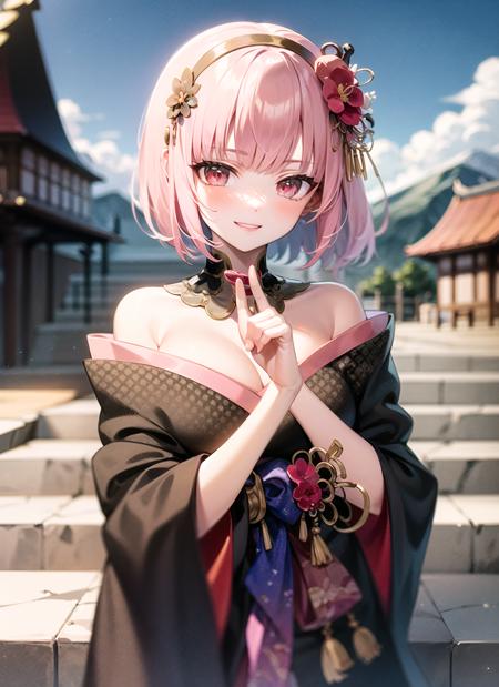 <lyco:calli1-000007:1.0>, callikim, upper body, smile, blush, outdoors, day, simple background, blue sky, sky, temple, looking at viewer, stairs, mountain, moody lighting, facing viewer,