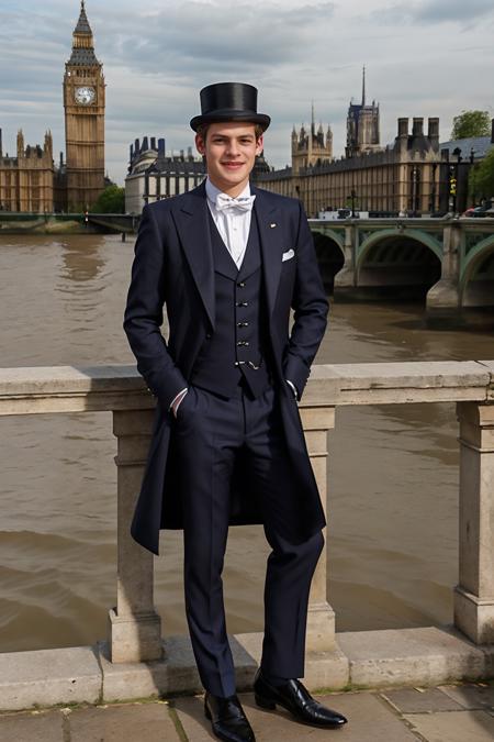 London, Houses of Parliament in the background, standing on the banks of the River Thames, in front of stone railing, smiling, JackWindsor, wearing British style suit, morning coat, top hat, holding a porcelain cup of tea, (((full body portrait))), wide angle <lora:JackWindsor-000008:0.8>