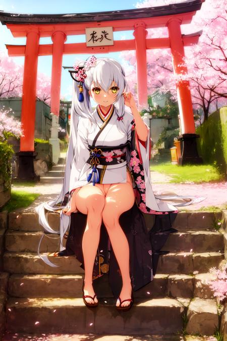 ((masterpiece,best quality)), (1girl, solo), white hair, side ponytail, yellow eyes, bare legs, cherry blossoms, day, flower, hair ribbon, japanese clothes, kimono, long hair, looking at viewer, smiling, obi, outdoors, sandals, stairs, sitting, statue, torii, tree, thighs, microskirt, barefoot sandals, (no panties), facing viewer, <lora:tsubaki V1.4:1>