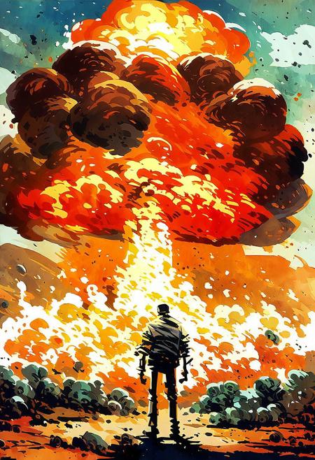score_9, score_8_up, score_7_up, score_6_up, 1boy, watercolor painting, cowboy shot, ((half man, half skeleton engulfed in explosion)), nuclear blast, eruption, screaming, Spontaneous human combustion, fire inside heart, ripping apart flesh, expressive, black linework, Nuclear Explosion