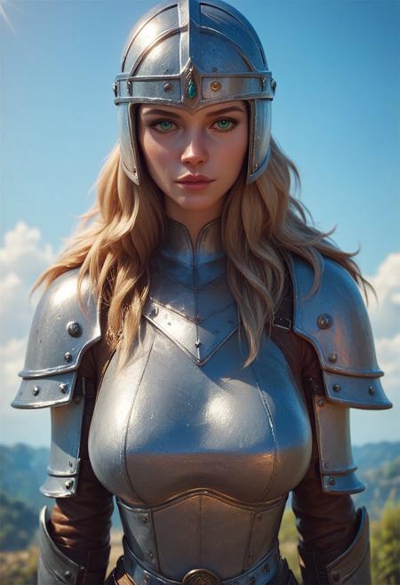 (big breasts), score_9, score_8_up, score_7_up, score_7, score_6_up, 1girl, blue sky, green eyes, looking at viewer, eye contact, score_9, score_8_up, score_8_up, Expressiveh, scandinavian shield maiden, full medieval leather armor, clothed, helmet