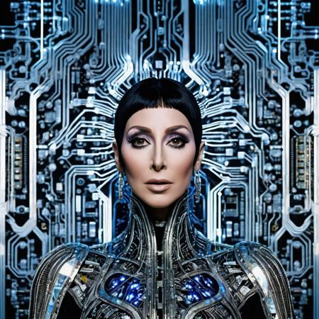 cher as one cybernetic computer chip, short hair of connected circuit wires, covered in silver pinstripe circuit wires, futuristic fashion, she is shaped into a wall of iridescent microchip circuits, style of hr giger, masterpiece
(high resolution:0.9)
