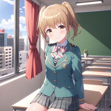 (high quality, best quality, masterpiece), 1girl, solo, kawasaki sakura, hikarigasaki-uniform, <lyco:sakura-000008:0.75>, smile, blush, sitting, on_desk, arms_behind_back, classroom, window, curtains, <lyco:GoodHands-beta2:0.75>, 4k, 8k, absurdres, detailed, absurdres, sharp