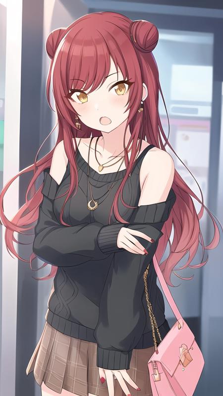 Osaki Amana,
1girl, bag, bare shoulders, blush, collarbone, double bun, earrings, hair bun, jewelry, long hair, long sleeves, looking at viewer, nail polish, necklace, open mouth, plaid, plaid skirt, red hair, shoulder bag, skirt, solo, sweater, swept bangs, yellow eyes
<lora:shinymas-v2.1:1>