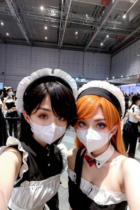 masterpiece, best quality, indoors, <lora:cp29:1>,crowd,2girls,multiple girls,(face mask:1.2),maid,maid headdress,maid apron,maid dress,cosplay