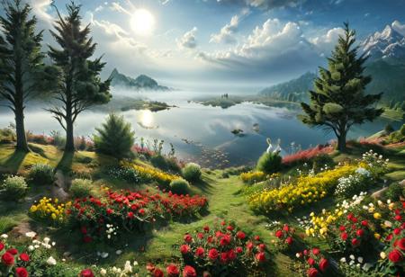 masterpiece, best quality, ultra-detailed, realistic, 8k, pine tree, flowers fields, many kinds of flowers, a couple of rabbits on very distant, lakes, meadows, grass, glitter on top, daytime, sunlight, cloudy, some birds fly in the sky over long distances, out-of-this-world scenery, lifelike, naturalism, greatest naturalism photo, immaculate detailed realism photography, rich colors, best colors perfect composition, perfect colors, colorful, clear photo, intrigue nature panorama, delicate nature photo, immaculate micro-details nature elements, (out-of-this-world scenery:1.23), beautiful landscape, beautiful flowers, crystal fantastic, breathtaking beautiful nature, unmatched beauty nature, more nature elements, rich nature elements, (emphasize a bunch of small red roses are scattered around:1.37), some yellow rose, some white rose, perfect dynamic angles for viewing the scenery, very aesthetic, artistic style, surreal, insanely lifelike, top best naturalism photography, greatest detailed, intricate nature details background, depth of field, (no human:1.37), detailerlora,